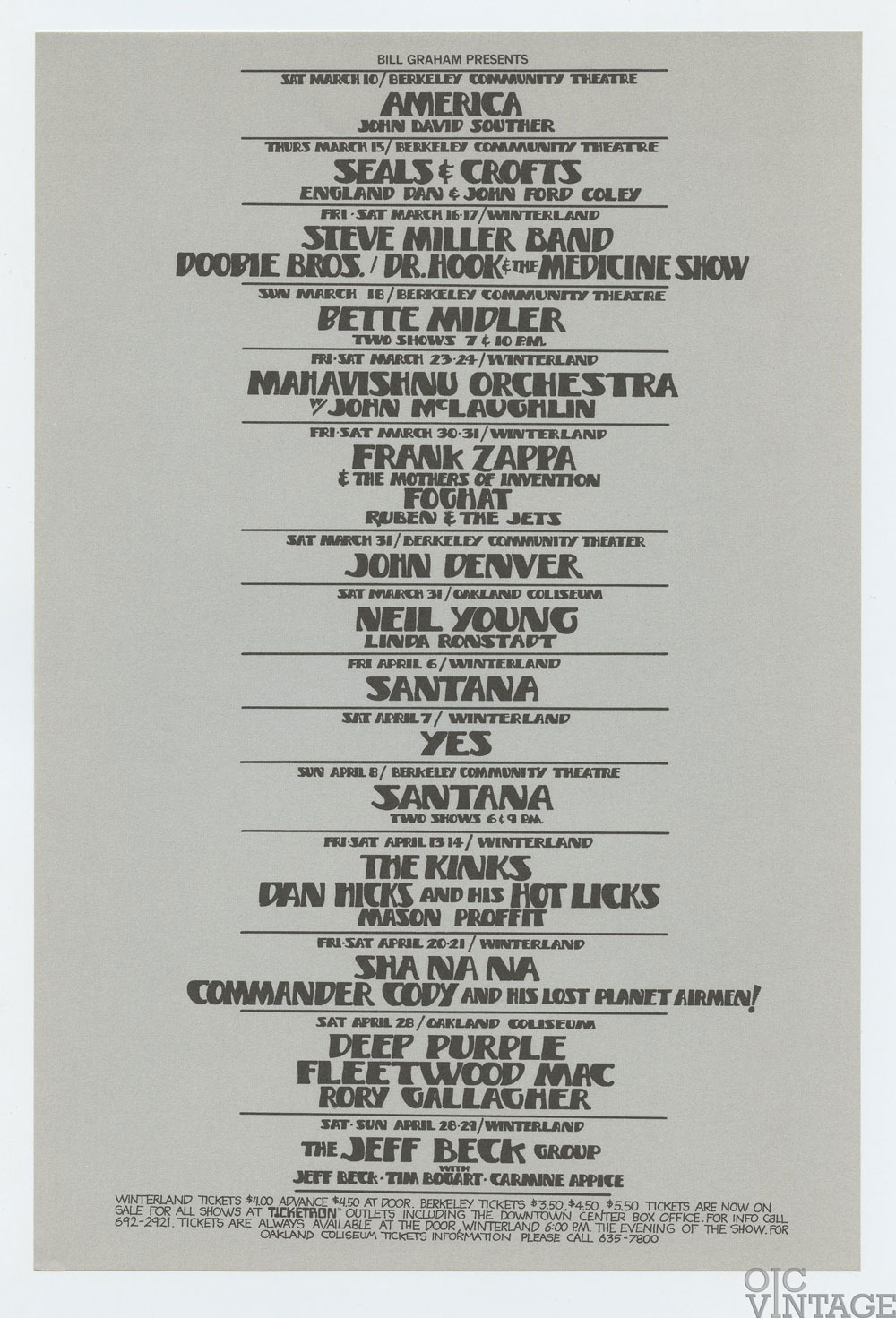 Bill Graham Presents Handbill 1973 Mar Neil Young John Denver Fleetwood Mac Deep Purple Frank Zappa