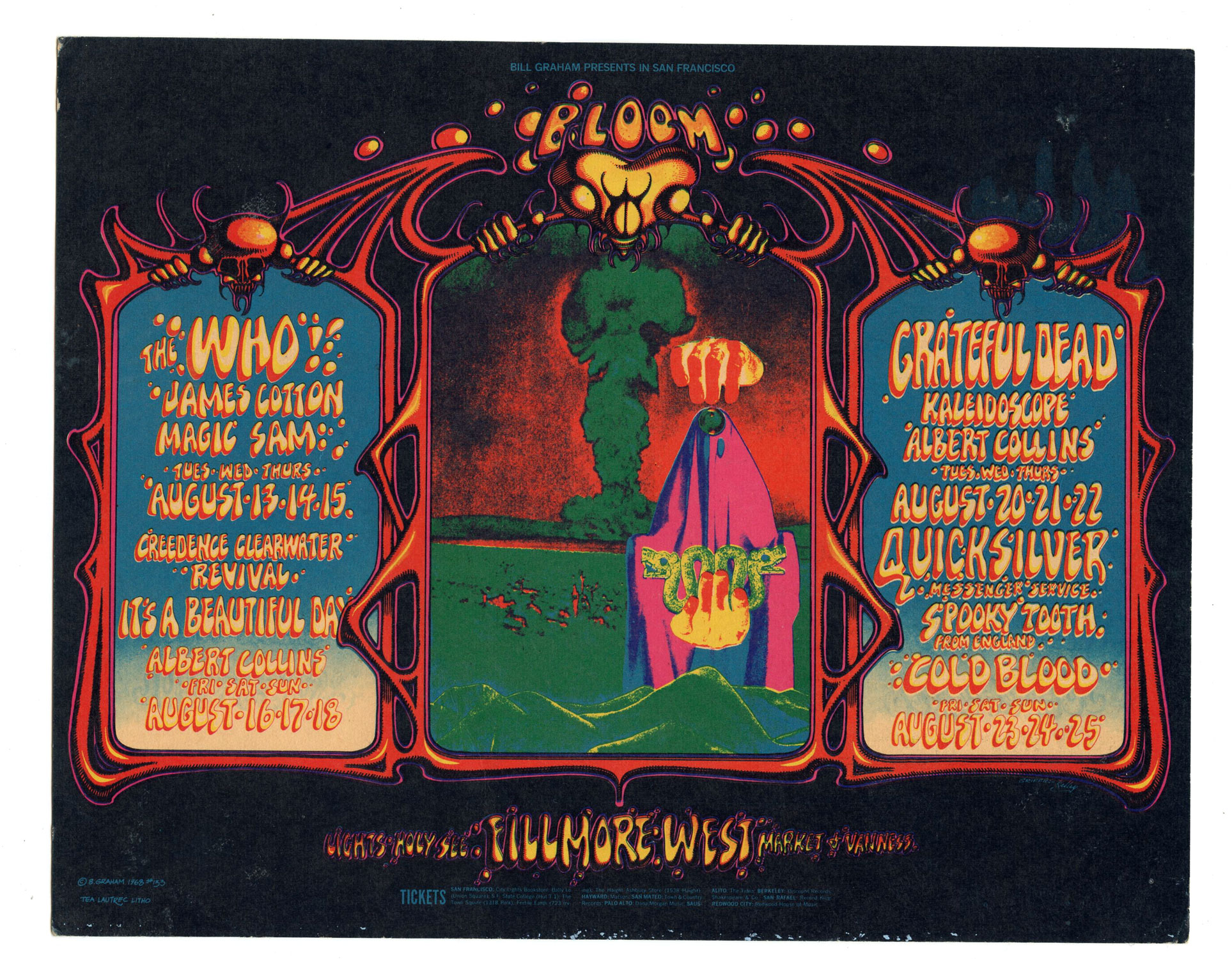 BG 133 Postcard Mailed Grateful Dead Creedence Clearwater Revival 1968 Aug 13