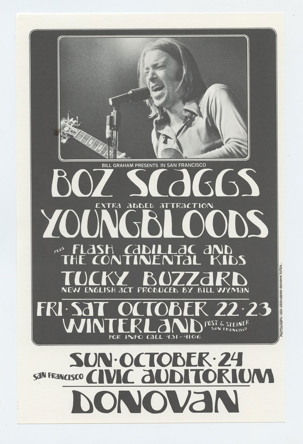 Boz Scaggs Handbill w/ Youngbloods Donovan Winterland San Francisco 1971 Oct 22