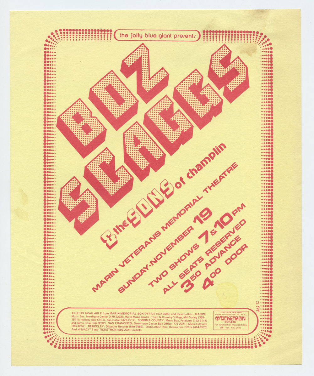 Boz Scaggs Handbill 1972 Nov 19 Marin Veteran Memorial Theatre