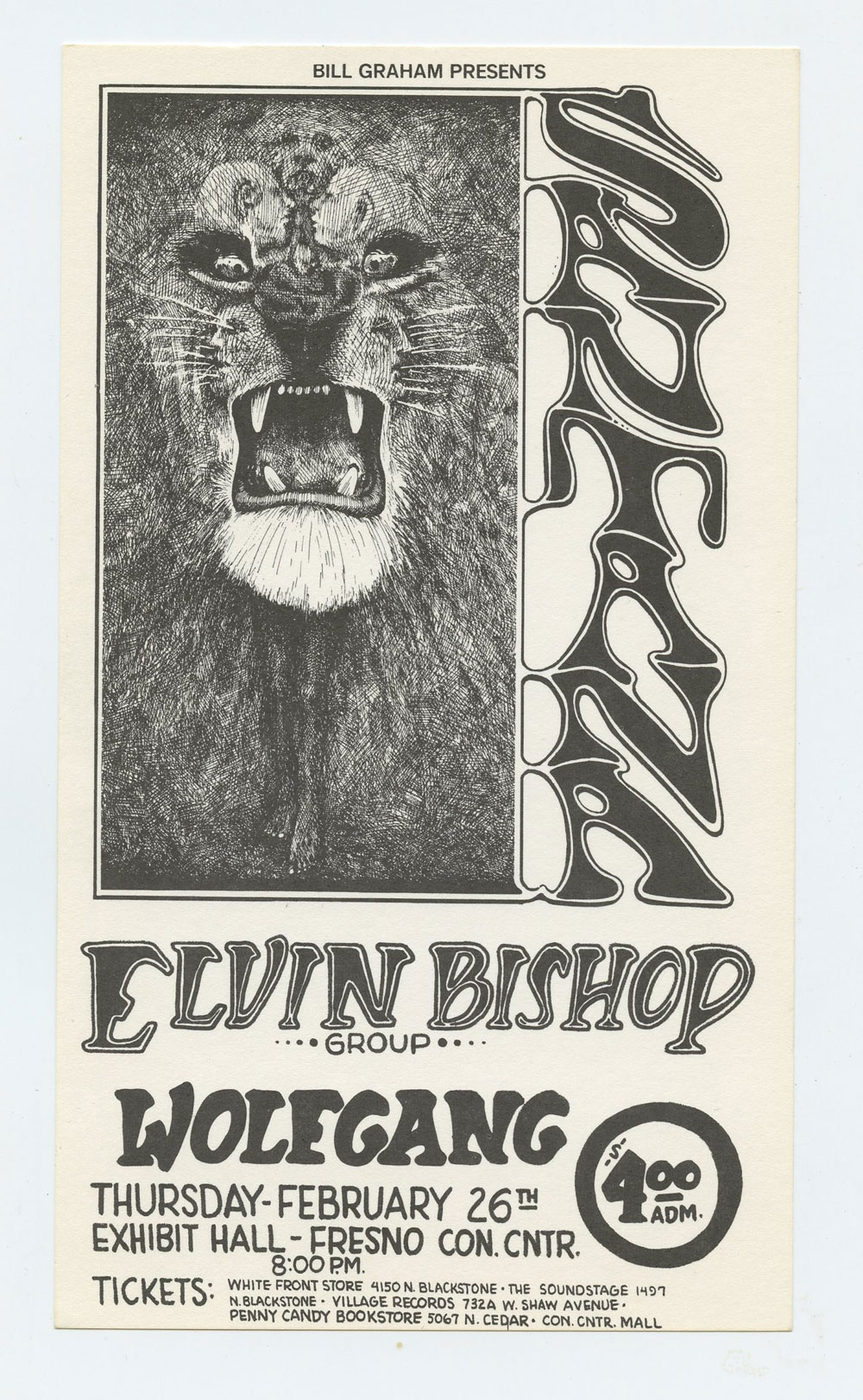 Santana Handbill 1970 Feb 26 Fresno Exhibition Hall Lee Conlkin