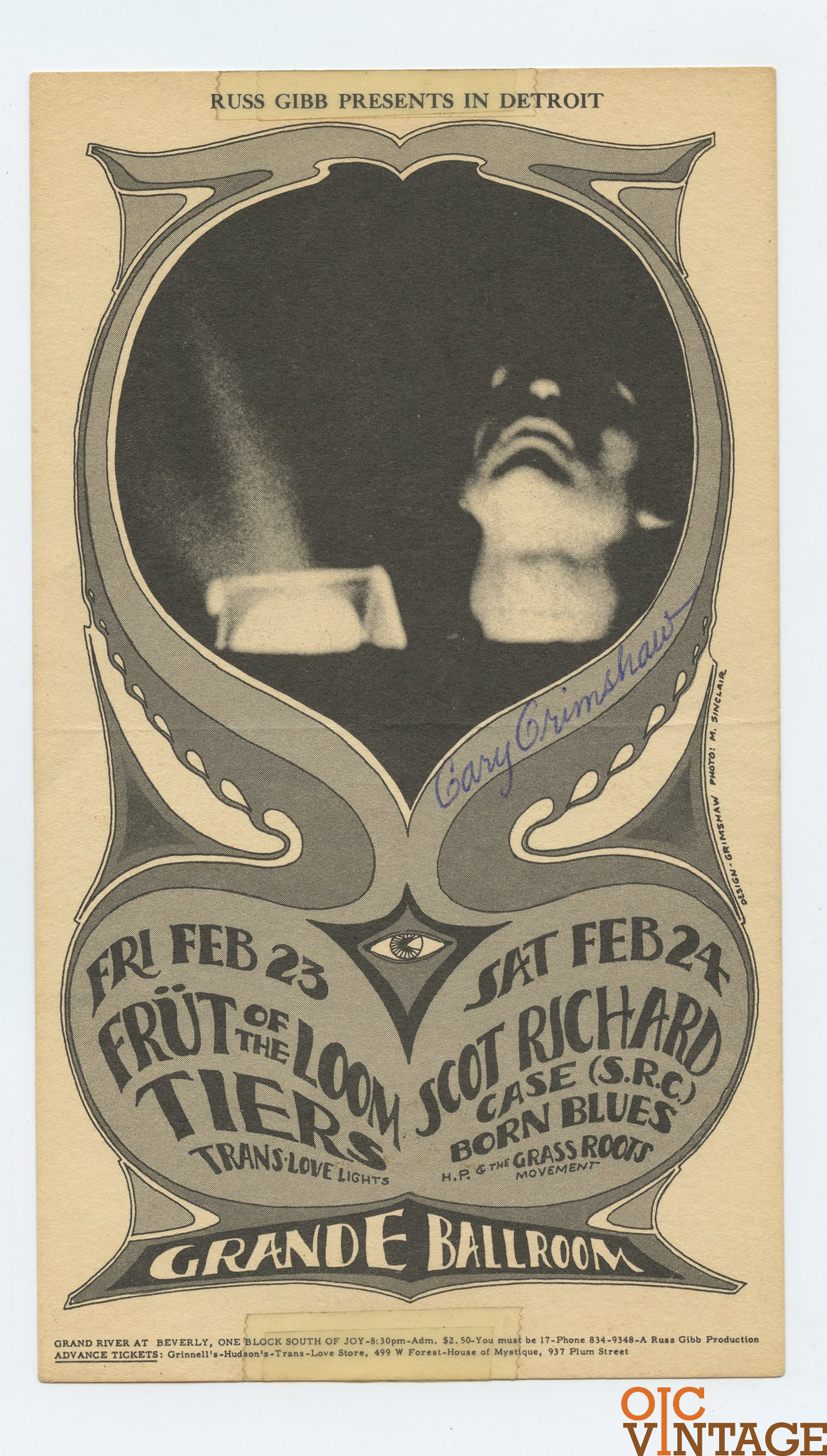 Grande Ballroom Postcard 1968 Feb 23 Gary Grimshaw signed