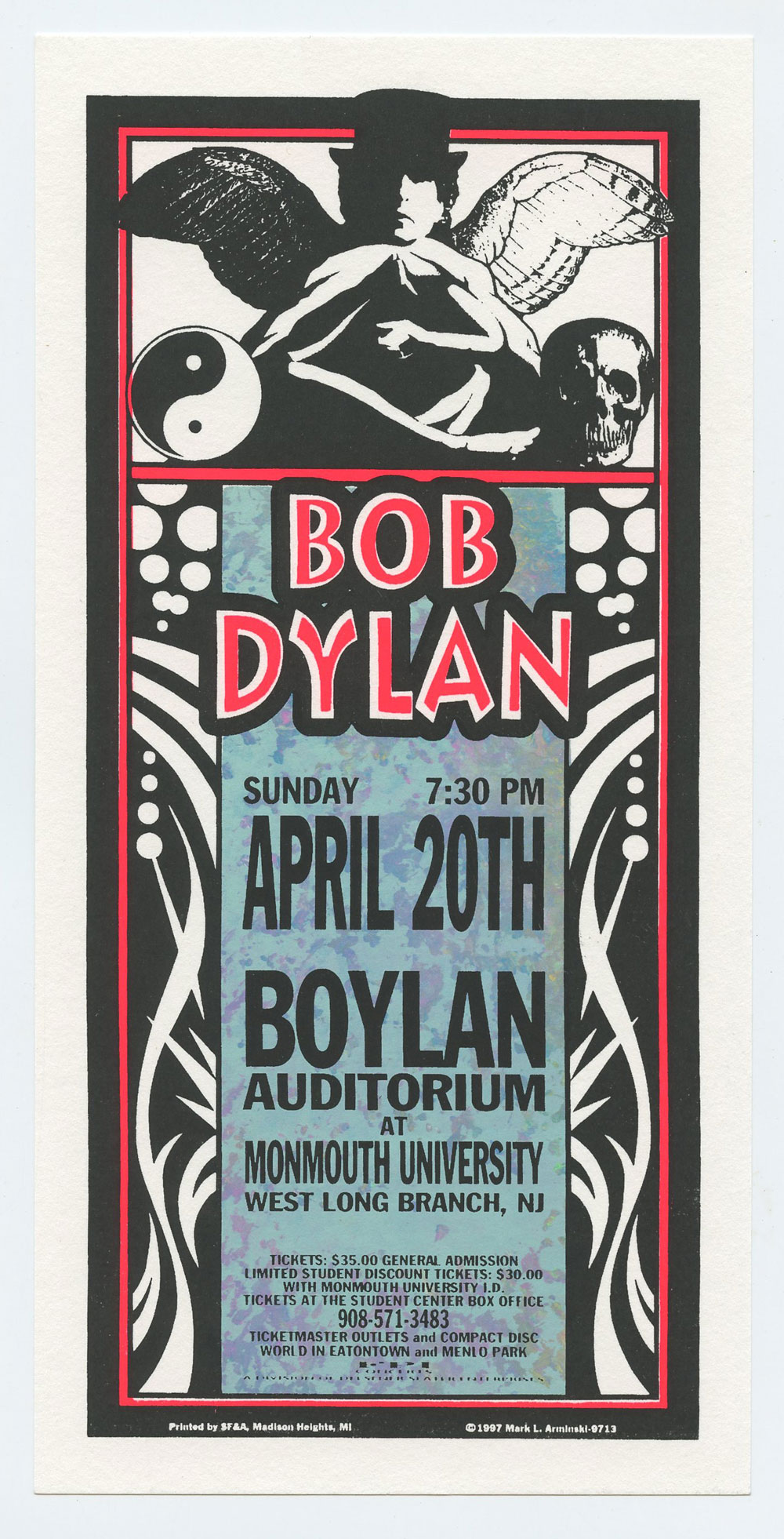 Bob Dylan Handbill Boylan Auditorium 1997 Apr 20 Mark Arminski