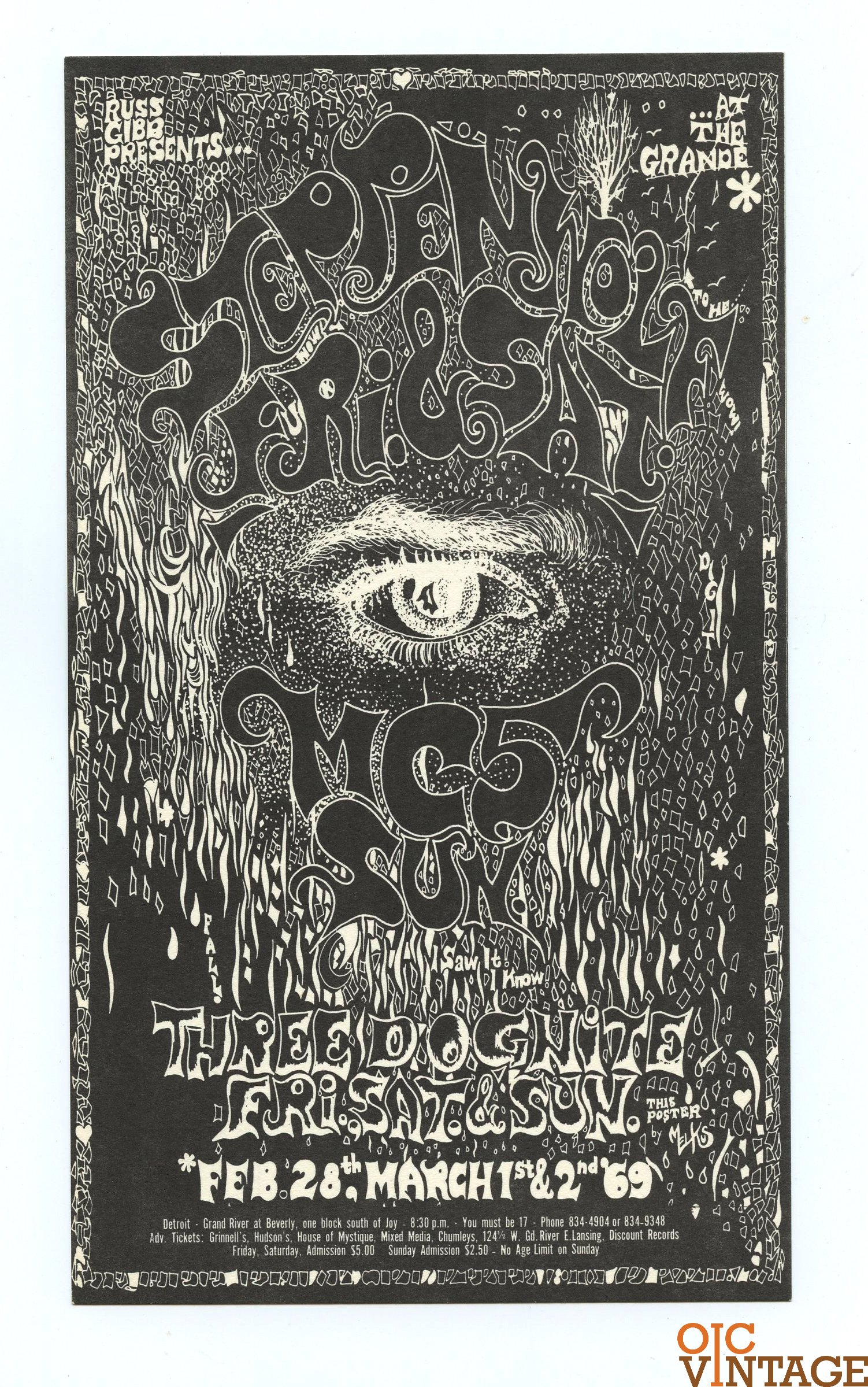 Grande Ballroom Postcard 1969 Feb 28 Steppenwolf Three Dog Night MC5