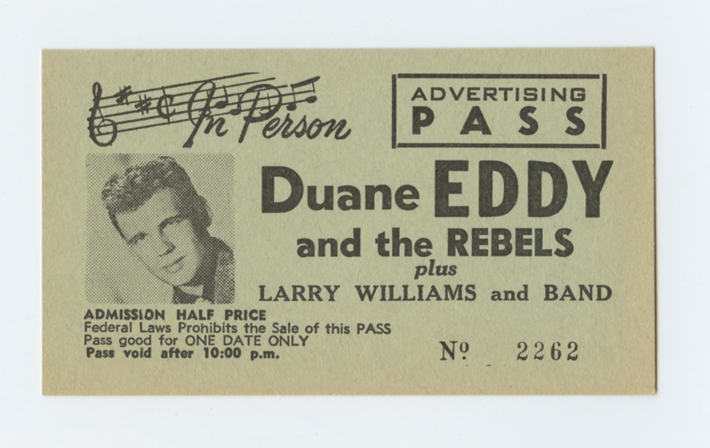 Duane Eddy and The Rebels Vintage Ticket 1958 West Coast Tour