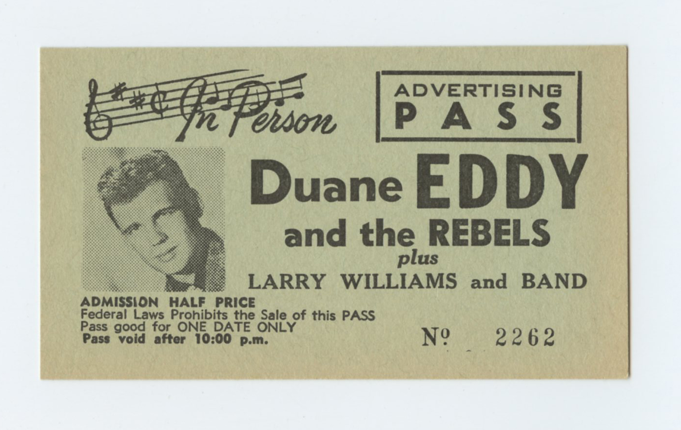 Duane Eddy and The Rebels Ticket Vintage 1958 West Coast Tour