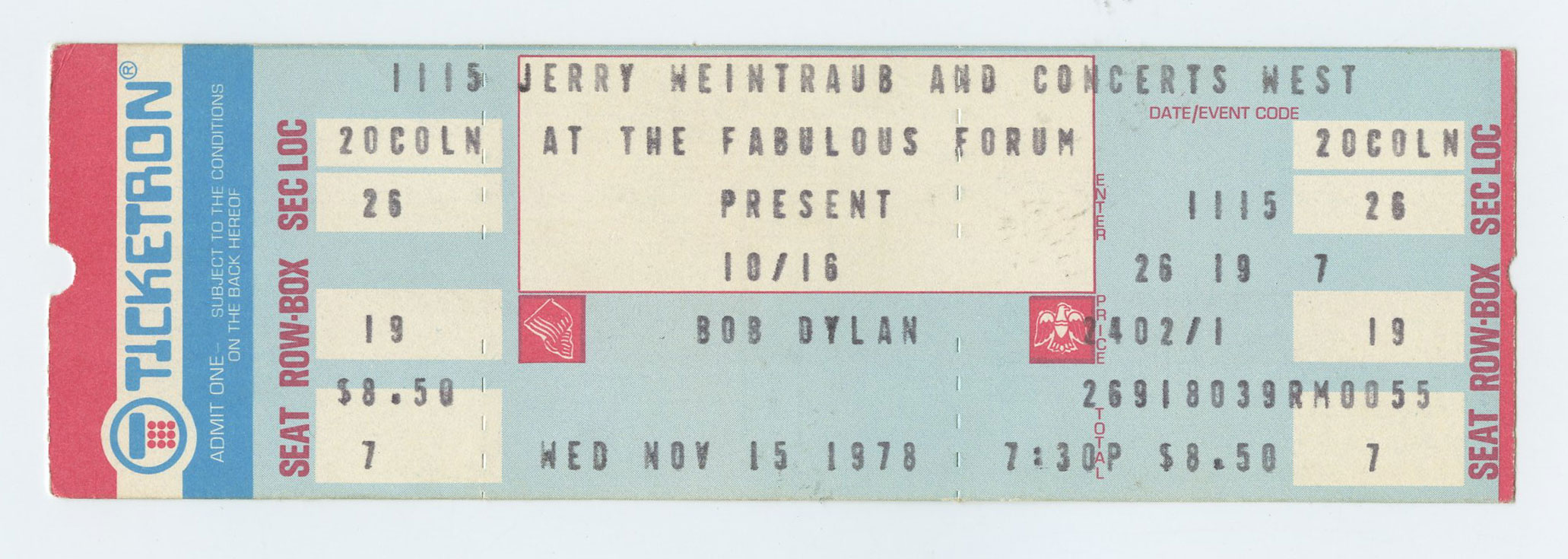 Bob Dylan Vintage Ticket 1978 Nov 15 fabulous Forum 