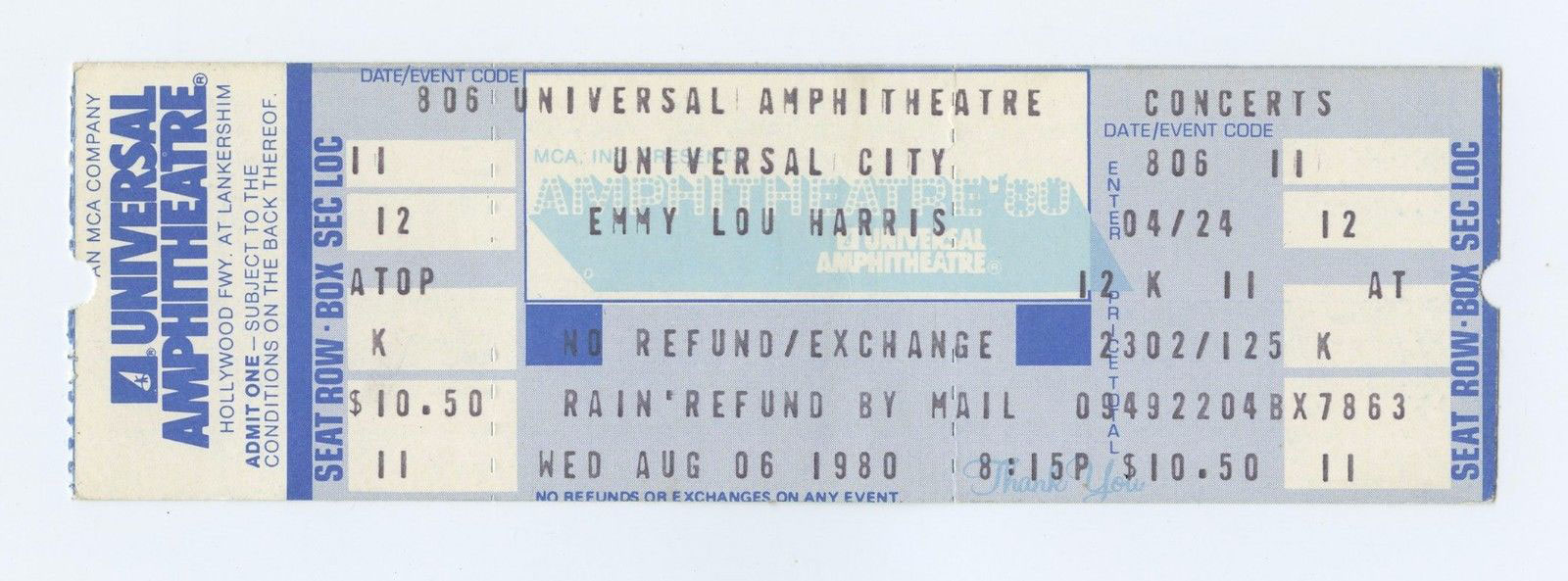 Emmylou Harris Vintage Ticket 1980 Aug 6 Universal City Amphitheatre LA 