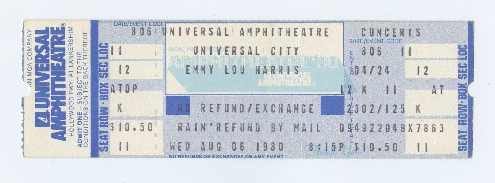 Emmylou Harris Ticket Vintage 1980 Aug 6 Universal City Amphitheatre LA 