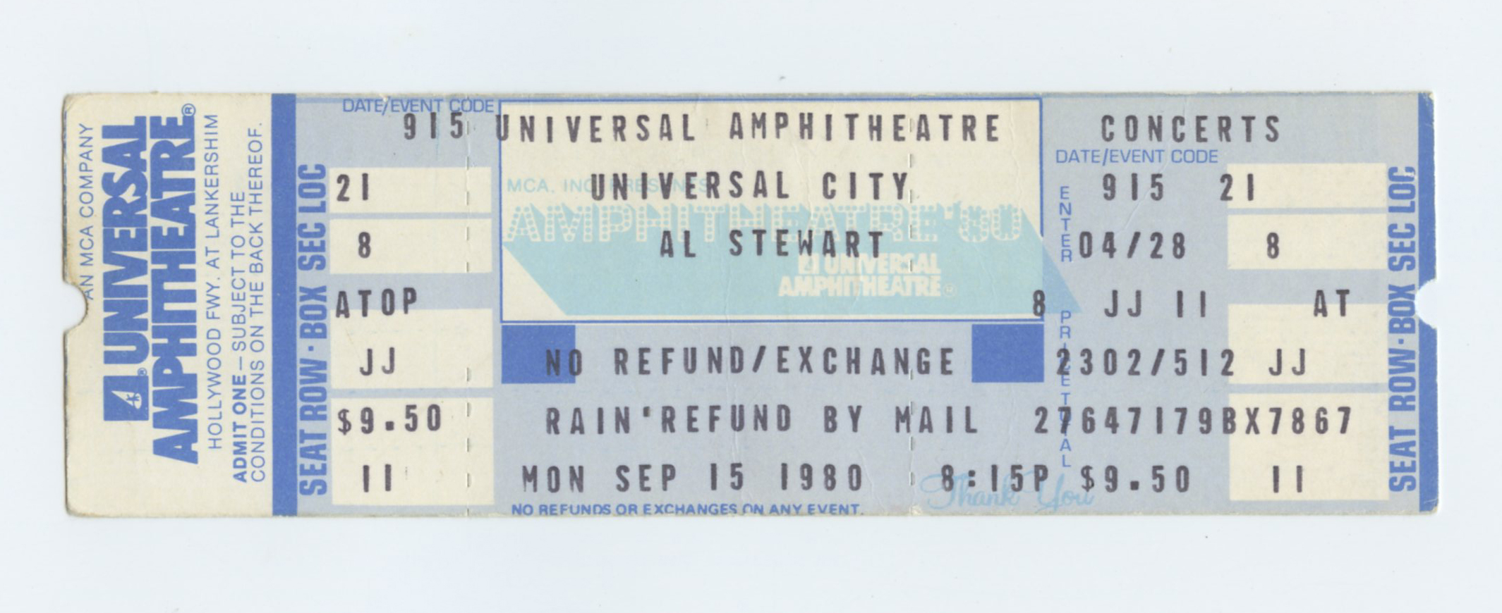 Al Stewart Vintage Ticket 1980 Sep 15 Universal Amphitheatre 