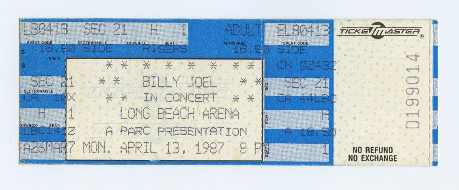 Billy Joel Vintage Ticket 1987 Apr 13 Long Beach Arena 