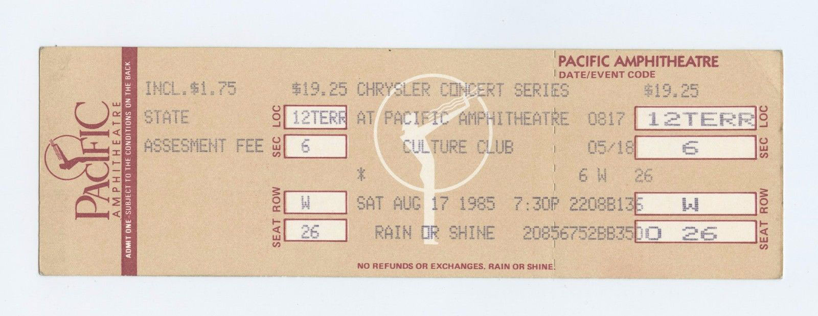 The Culture Club Vintage Ticket 1985 Aug 17 Pacific Amphitheatre 