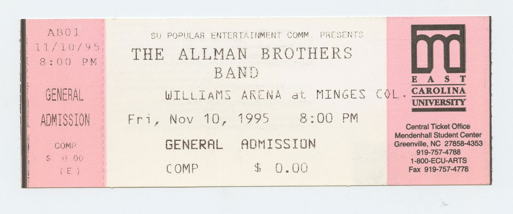 Allman Brothers Band Vintage Ticket 1995 Nov 10 Williams Arena Minges CO 