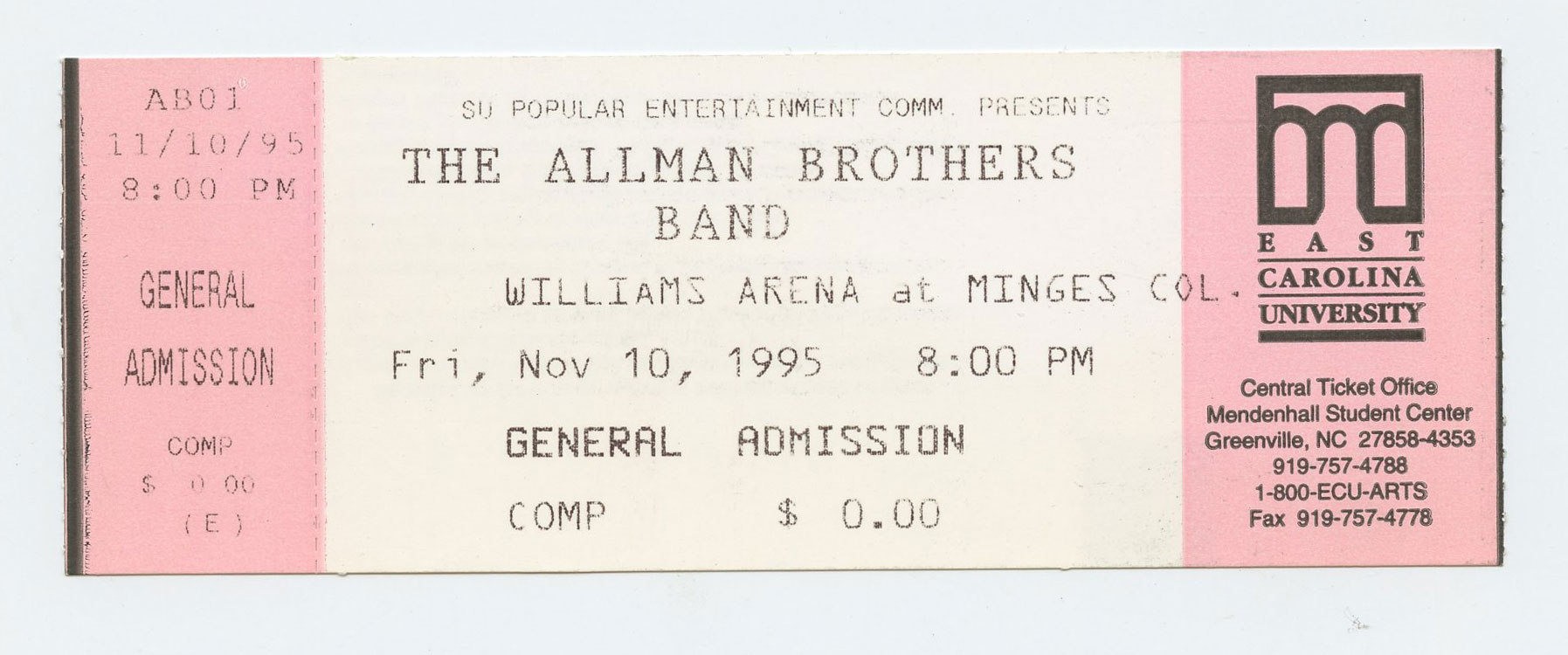 Allman Brothers Band Ticket Vintage 1995 Nov 10 Williams Arena Minges CO 