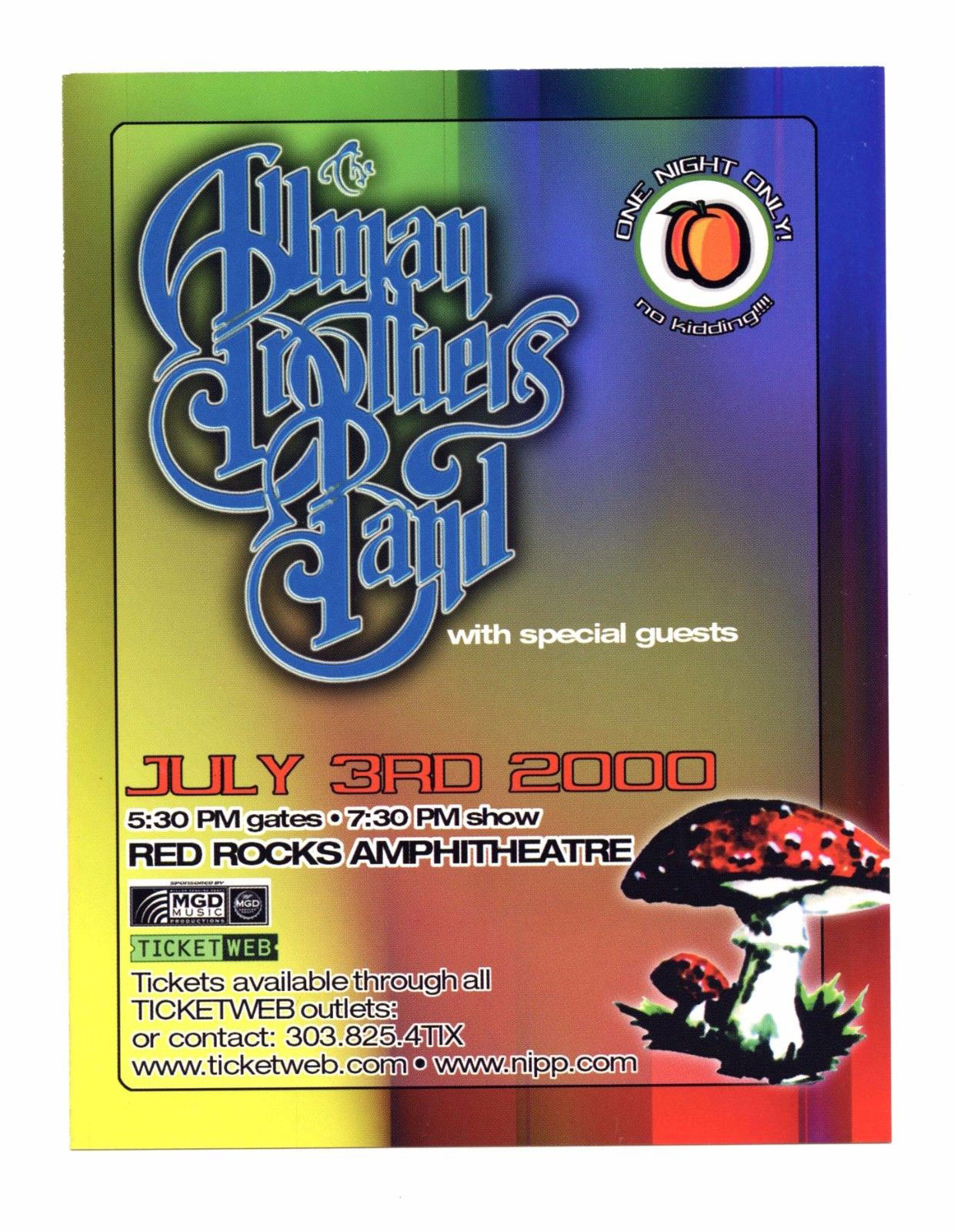 Allman Brothers Band Handbill 2000 Jul 3 Red Rock Amphitheatre Promo 2 sided