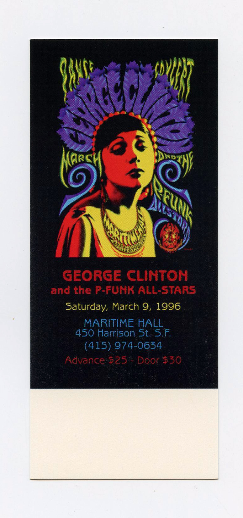 Maritime Hall 1996 Mar Ticket George Clinton and P Funk Allstars