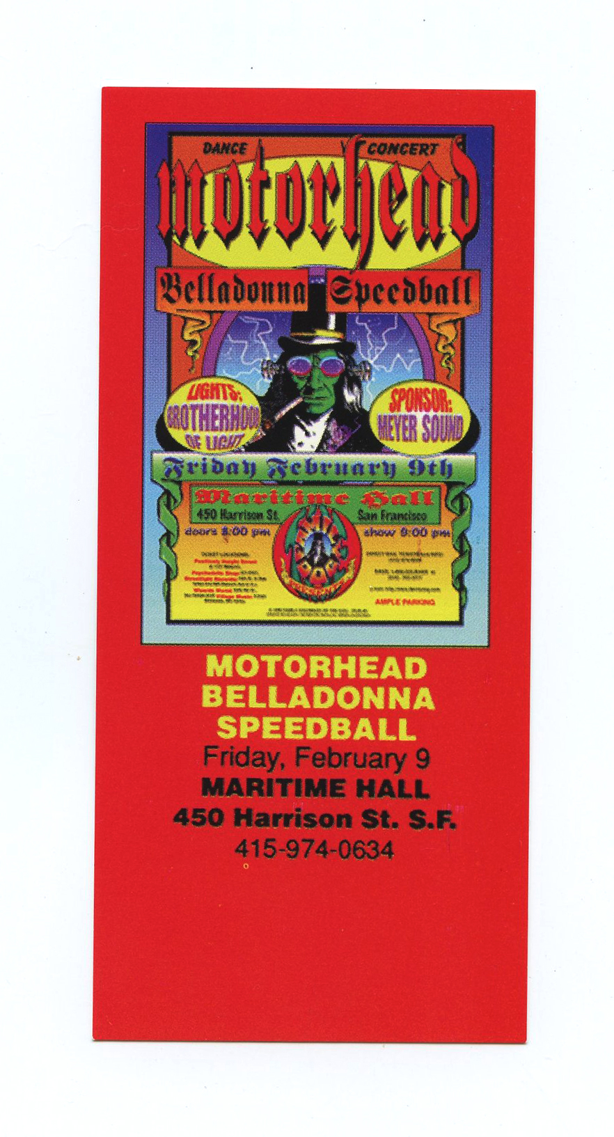 Maritime Hall 1996 Feb 9 Ticket Motorhead Belladonna