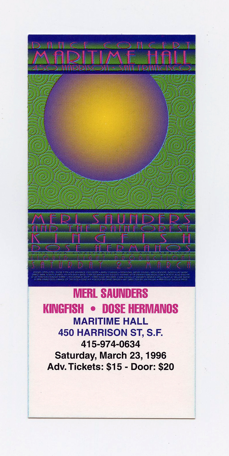Maritime Hall 1996 Mar 23 Ticket Merl Saunders Kingfish