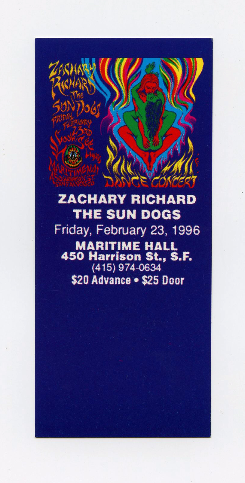 Maritime Hall 1996 Feb 23 Ticket Zachary Richard The Sun Dogs 