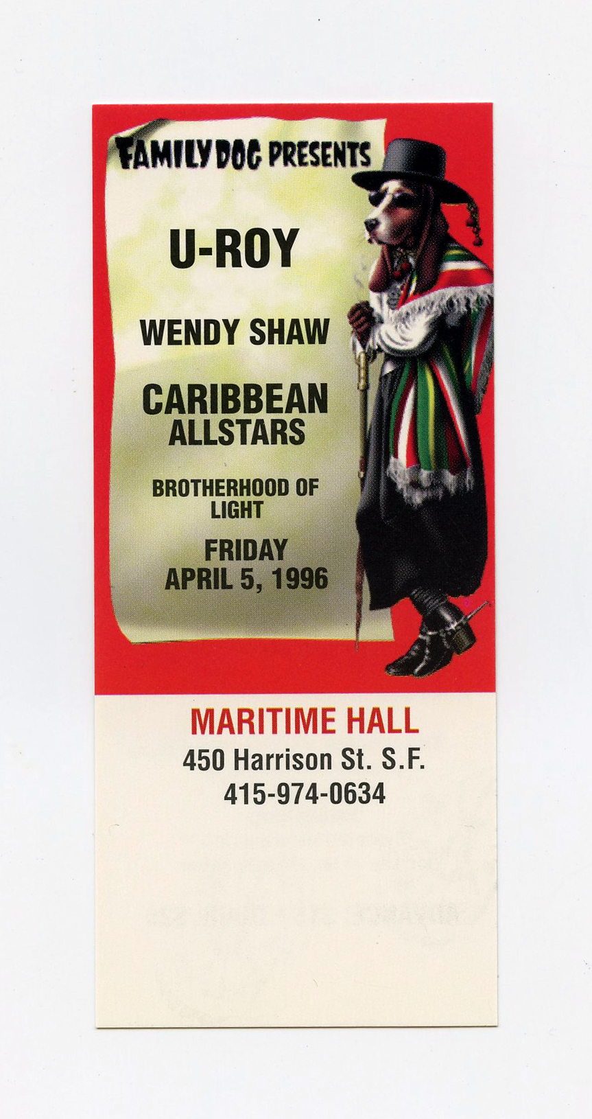 Maritime Hall 1996 Apr Ticket U-Roy Wendy Shaw Caribbean Allstars