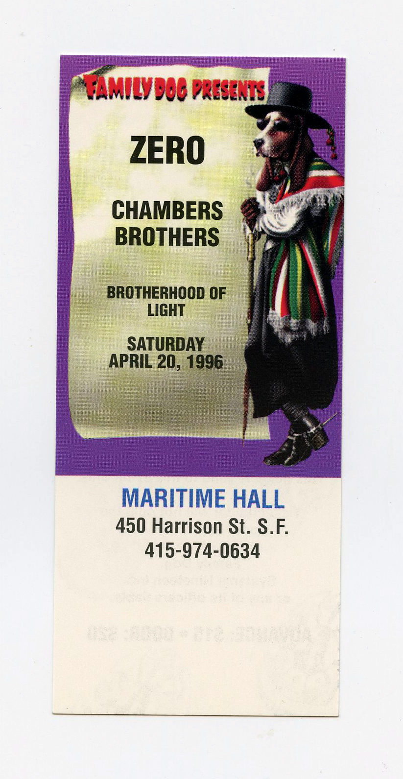 Maritime Hall 1996 Apr Ticket Zero Chambers Brothers