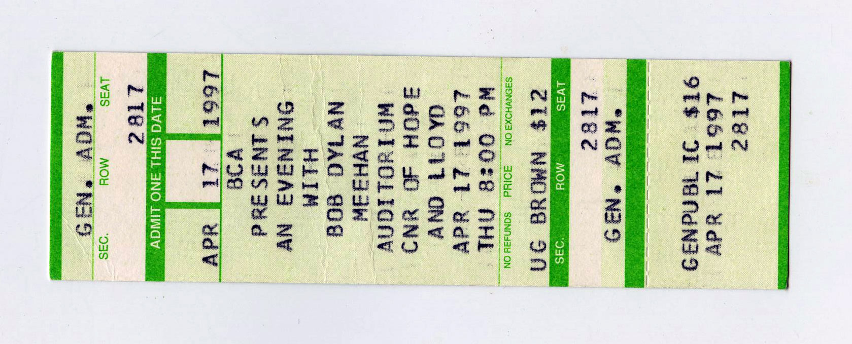 Bob Dylan Vintage Ticket 1997 Apr 17 Meehan Auditorium Providence Rhode Island  