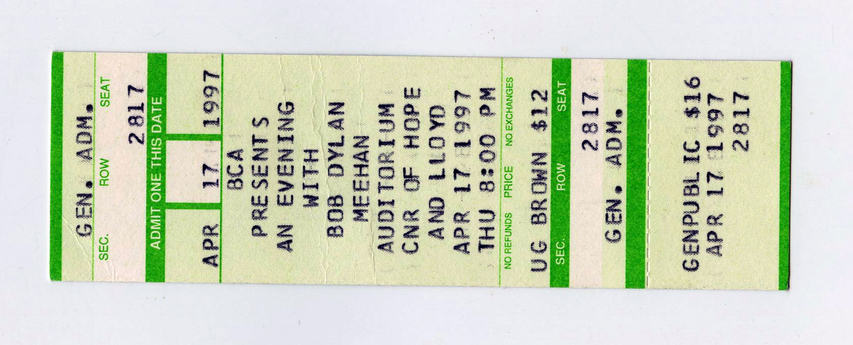Bob Dylan Ticket Vintage 1997 Apr 17 Meehan Auditorium Providence Rhode Island  