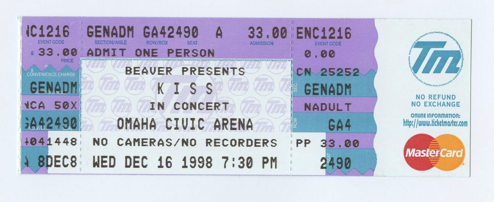 KISS Ticket Vintage 1998 Dec 16 Psycho Circus Tour Omaha Civic Auditorium NE  