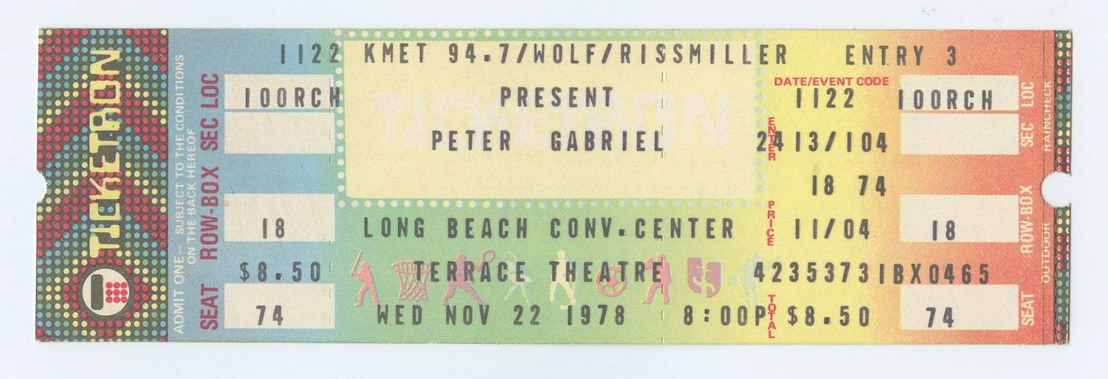 Peter Gabriel Ticket Vintage 1978 Nov 22 Long Beach Convention Center  