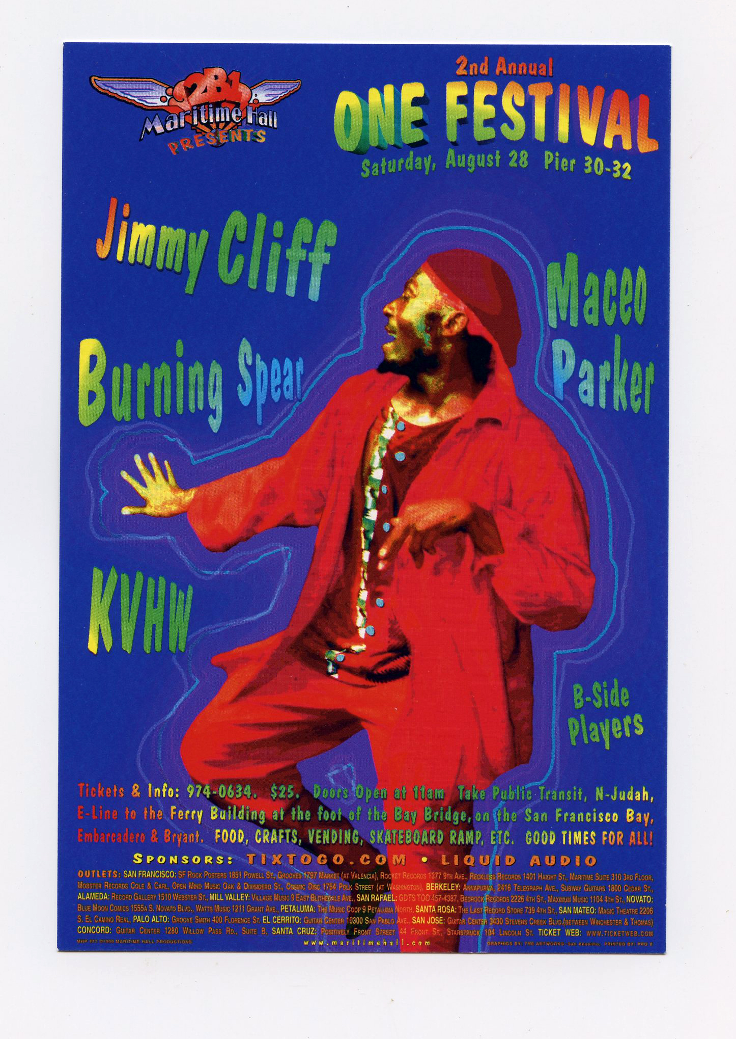 Maritime Hall 1999 Aug 28 Handbill Jimmy Cliff Burning Spear KVHW