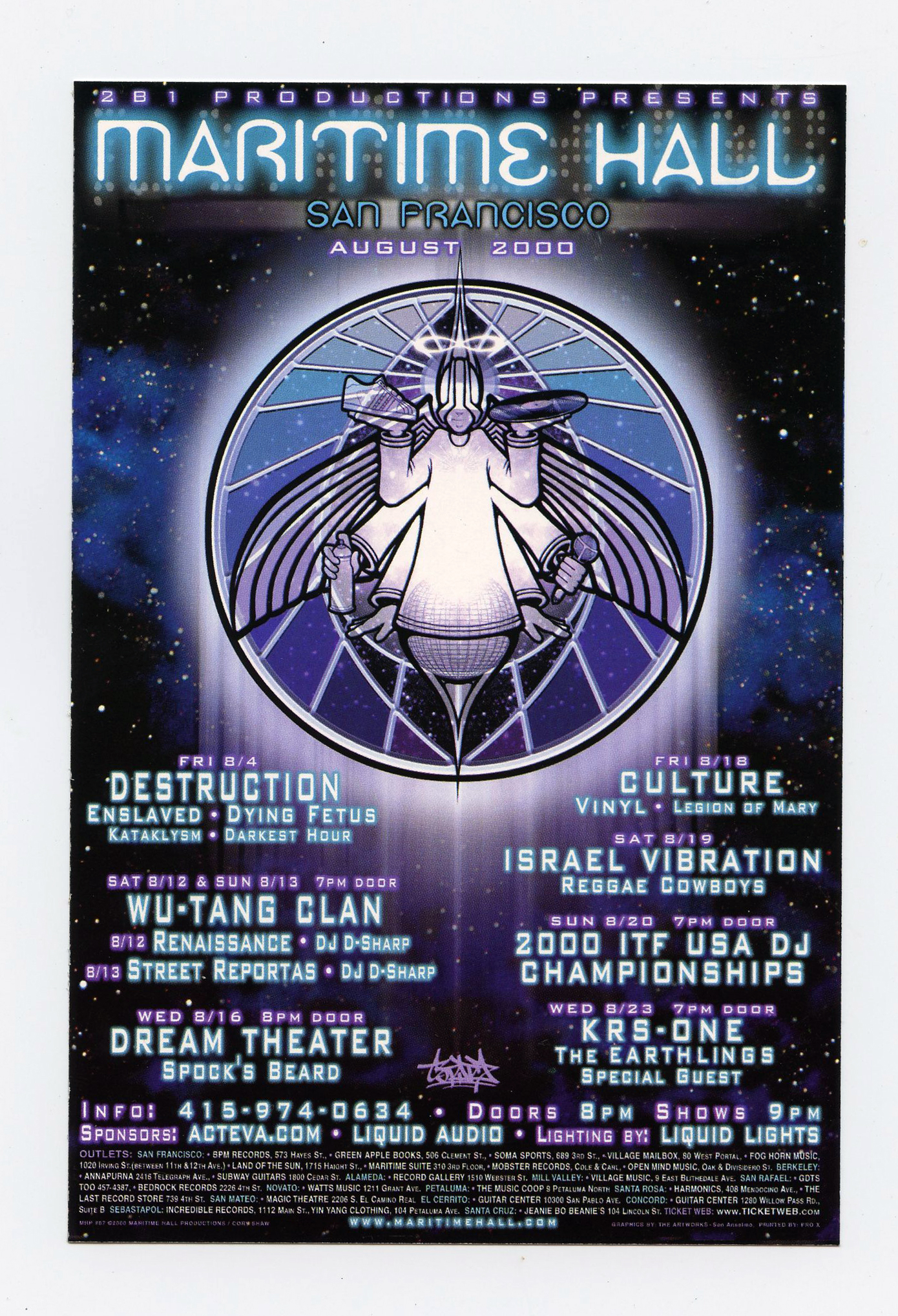 Maritime Hall 2000 Aug Handbill Wu-Tang Clan Destruction Dream Theater KRS-One Israel Vibration