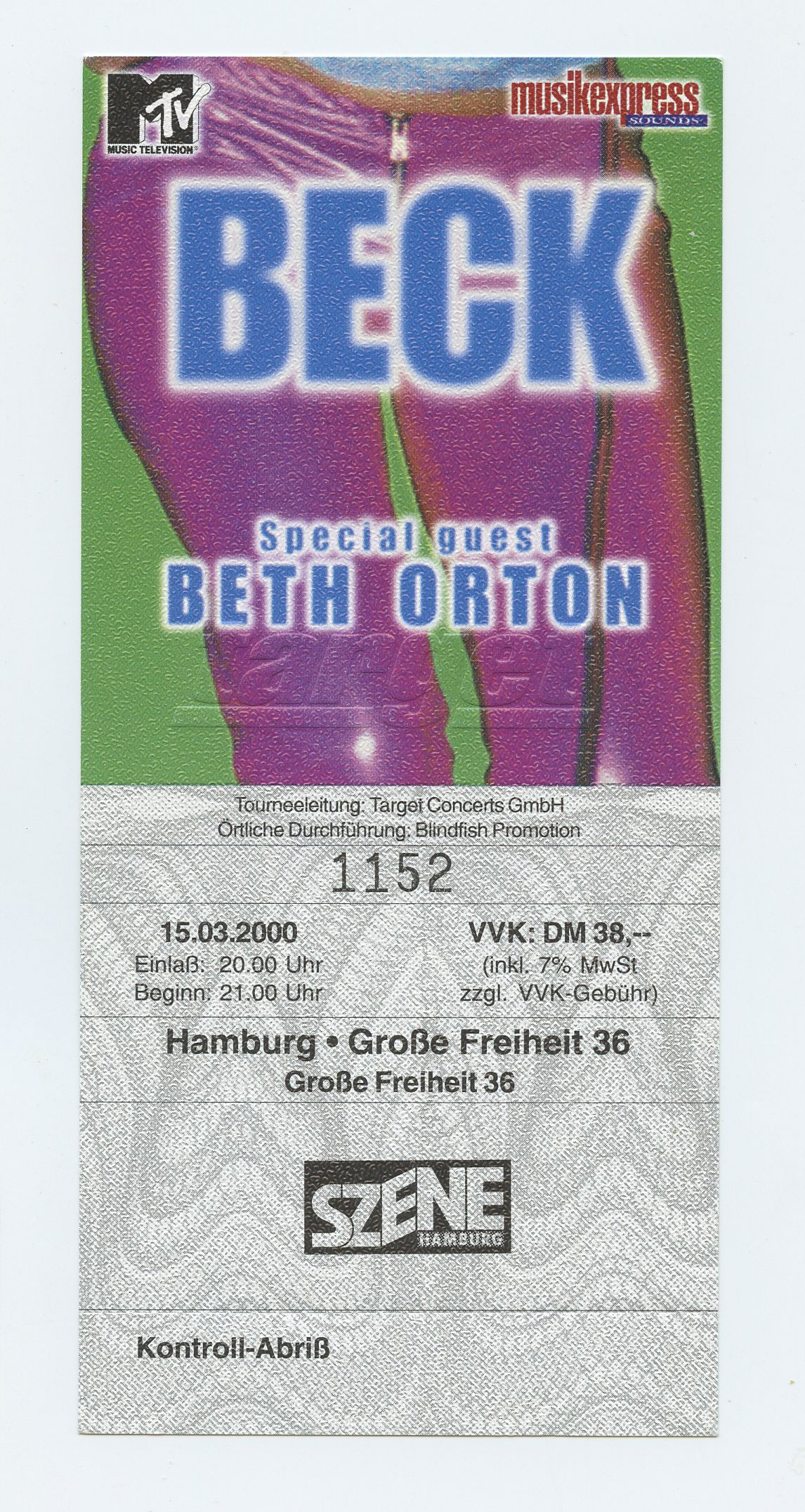 BECK Vintage Ticket 2000 Mar 15 Hamburg Germany  w/ Beth Orton