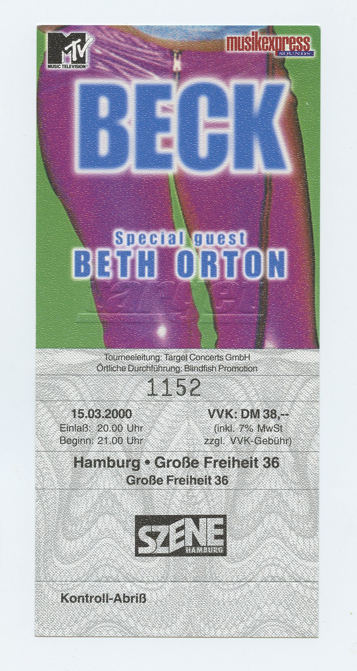 BECK Ticket Vintage 2000 Mar 15 Hamburg Germany  w/ Beth Orton