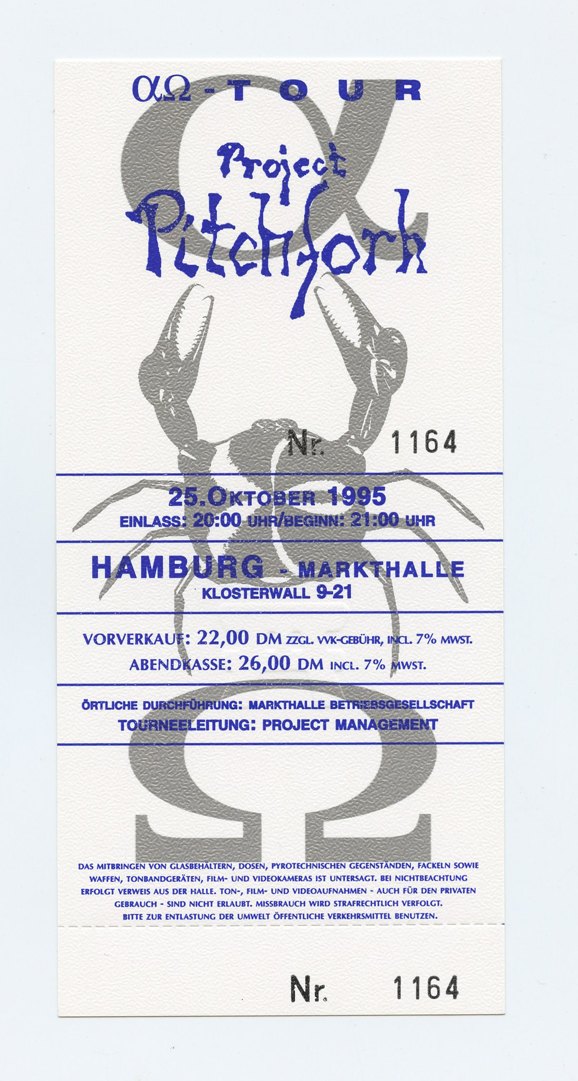 Project Pitchforth Ticket Vintage 1995 Oct 25 Hamburg Germany 