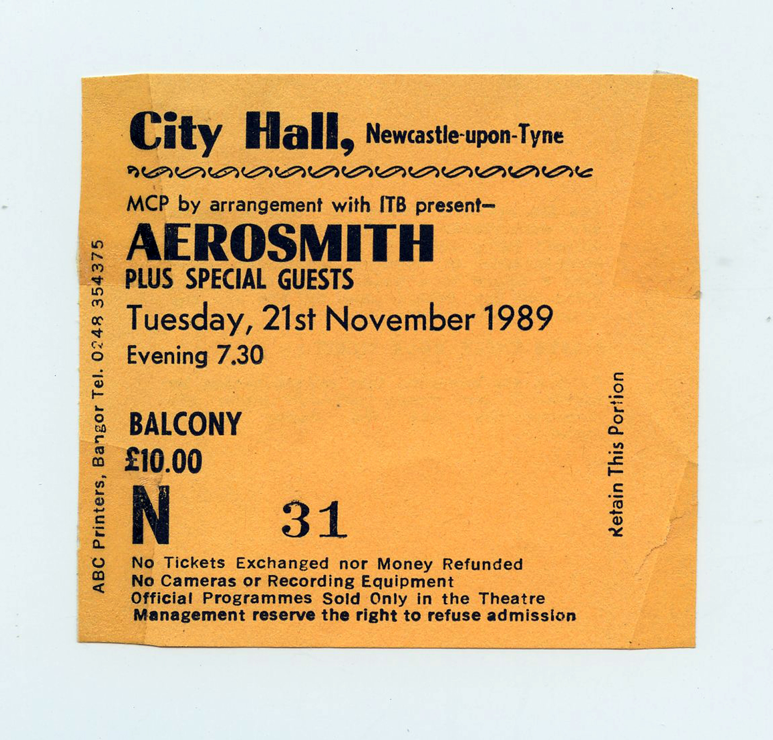 Aerosmith Vintage Ticket Stub 1989 Nov 21 City Hall Newcastle UK 