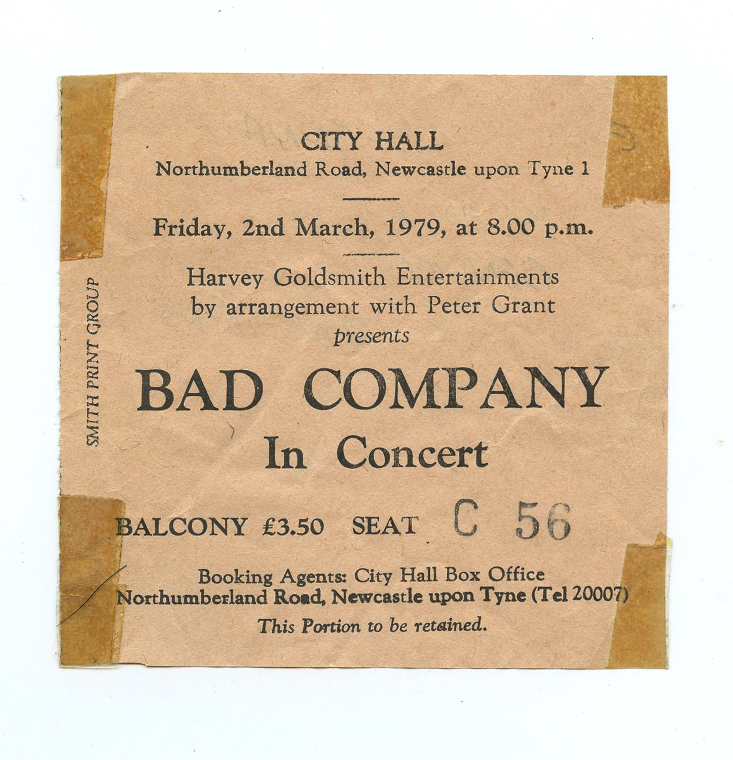 Bad Company Ticket Stub 1979 Mar 2 City Hall Newcastle UK 