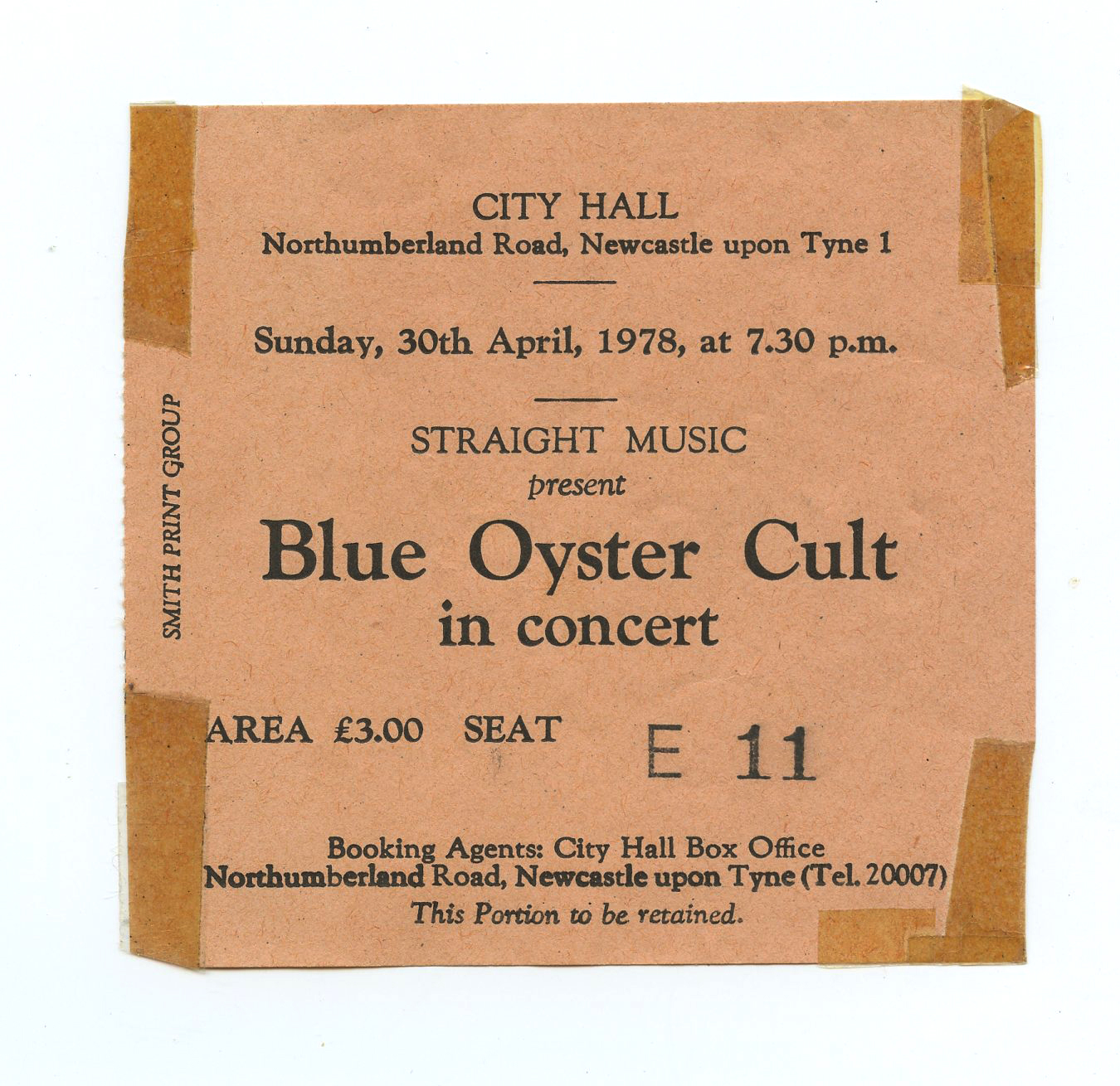 Blue Oyster Cult Vintage Ticket stub 1978 Apr 30 City Hall Newcastle UK 