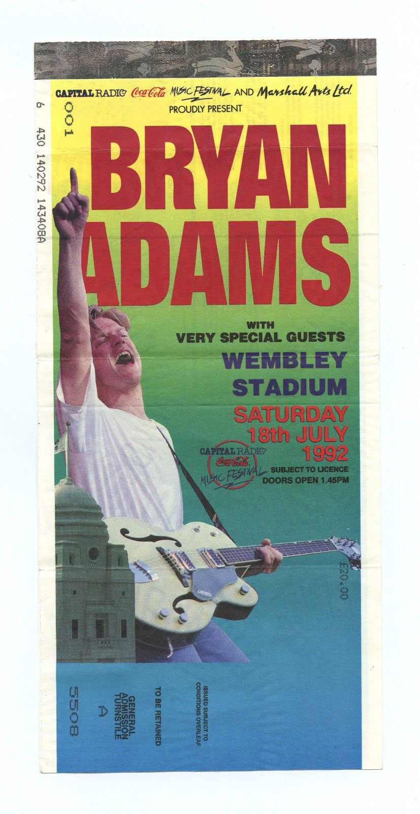 Bryan Adams Vintage Ticket 1992 Jul 18 Wembley Stadium London UK  