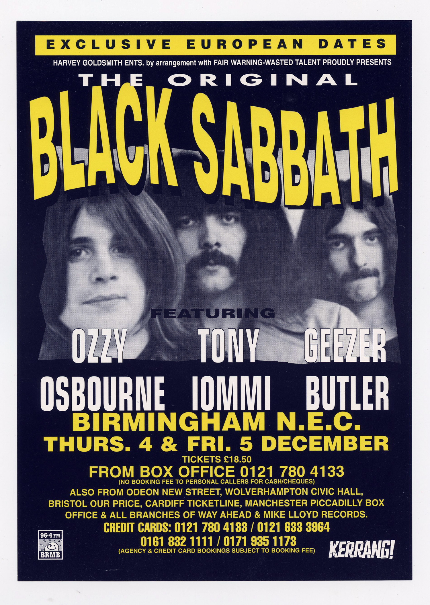 Black Sabbath Handbill Ozzy Osbourne Tommy Iommi Geezer Butler 1997 Birmingham NEC Arena