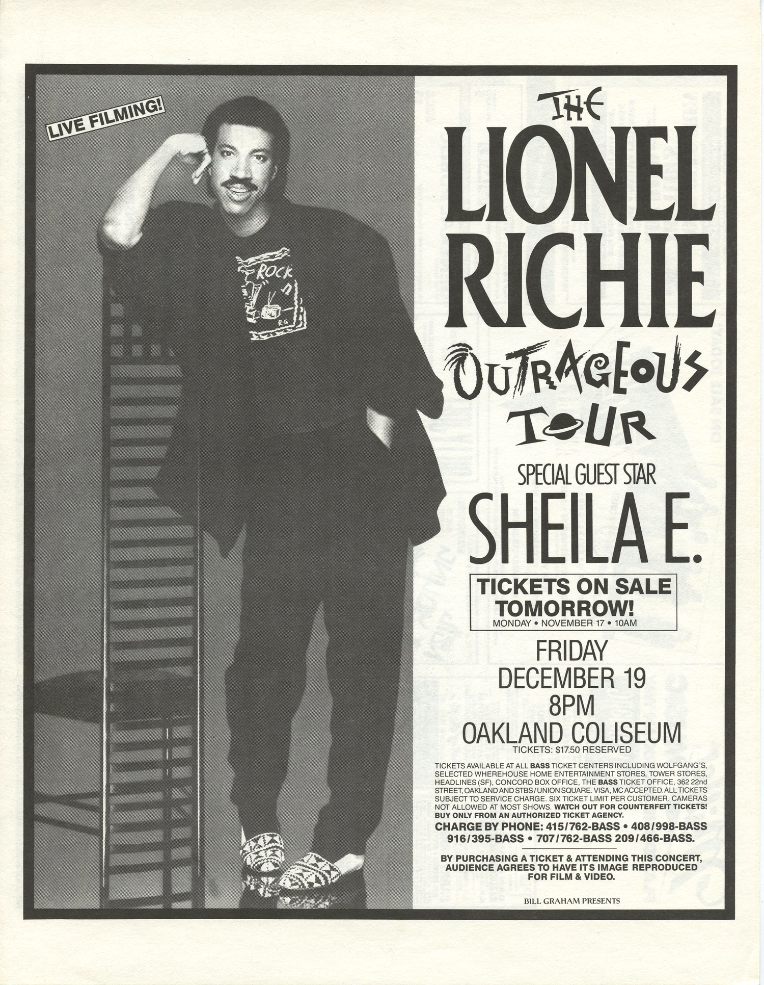 Lionel Richie Handbill 1987 Dec 19 Outrageous Tour Oakland Coliseum
