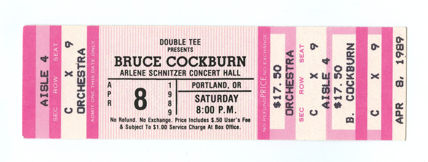 Bruce Cockburn Vintage Ticket 1989 Apr 8 Arlene Schnitzer Concert Hall Portland 