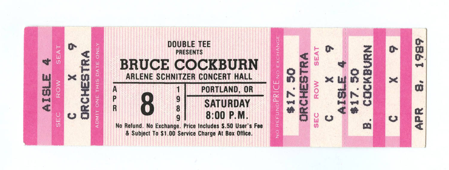 Bruce Cockburn Ticket Vintage 1989 Apr 8 Arlene Schnitzer Concert Hall Portland 