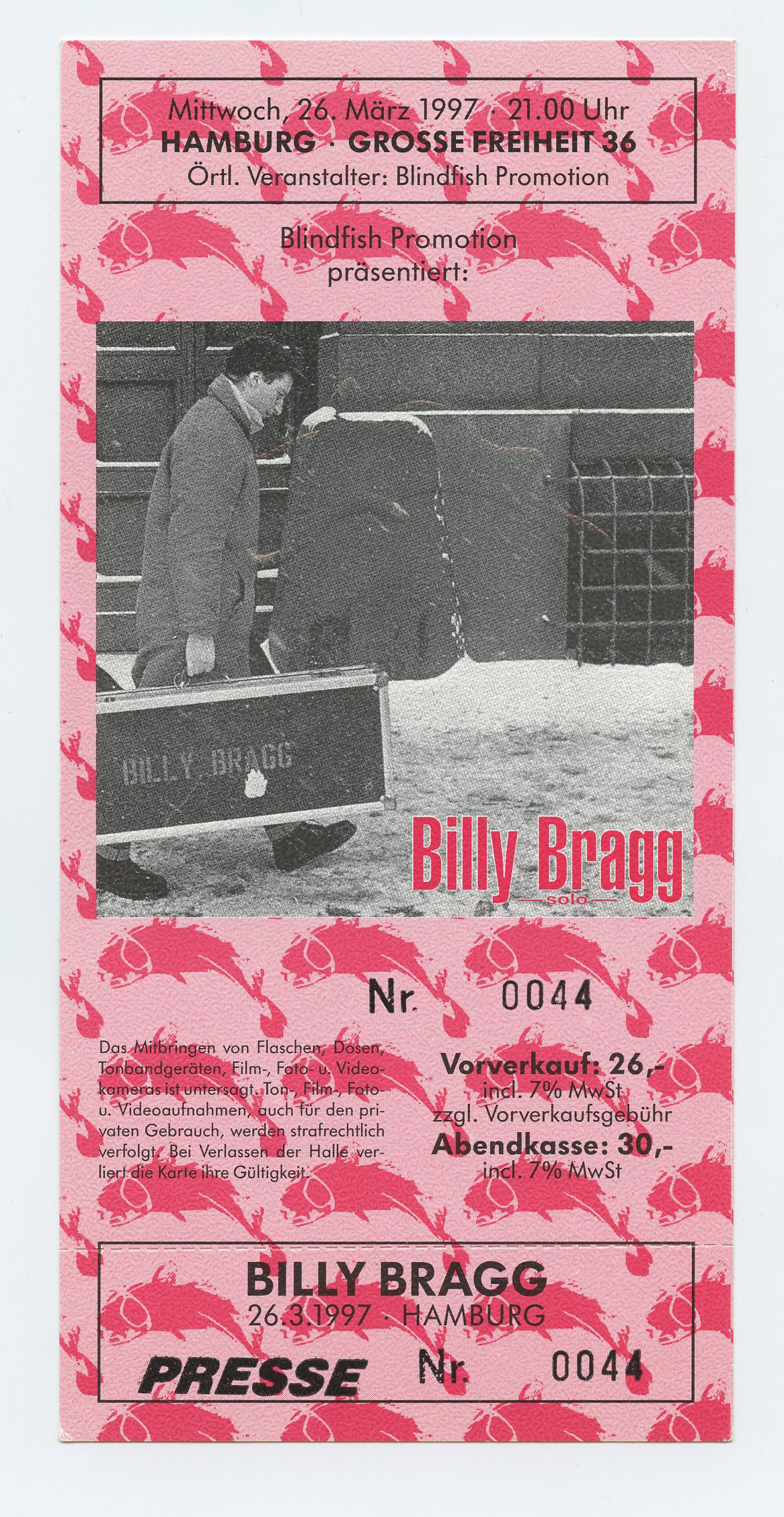 Billy Bragg Vintage Ticket 1997 Mar 26 Hamburg Germany 