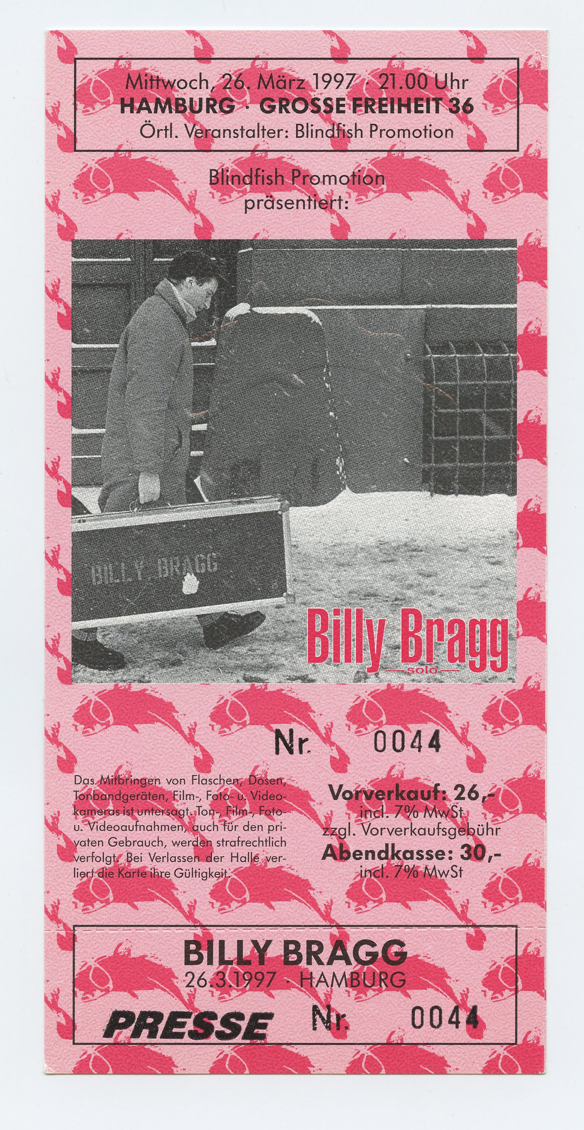 Billy Bragg Ticket Vintage 1997 Mar 26 Hamburg Germany 