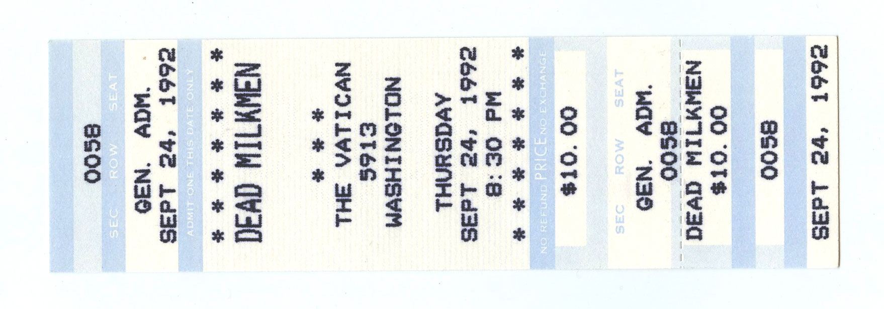 Dead Milkmen Vintage Ticket 1992 Sep 24 The Vatican Houston 