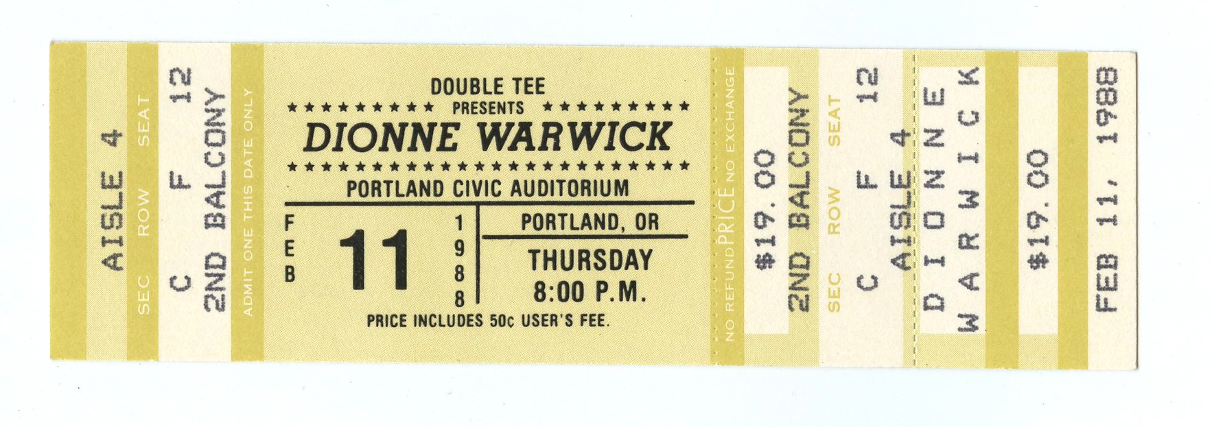 Dionne Warwick Vintage Ticket 1988 Feb 11 Portland Civic Auditorium 