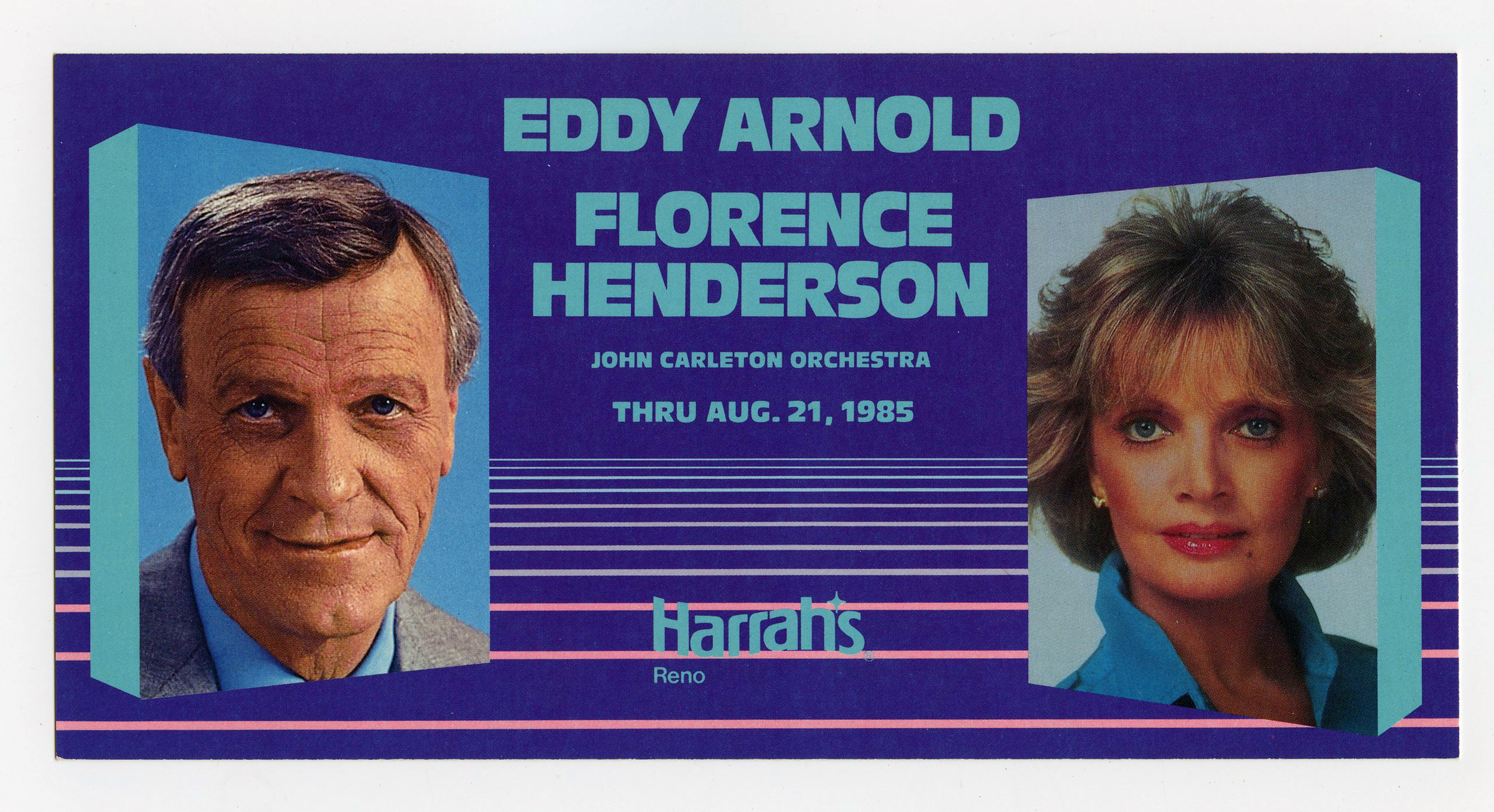 Florence Henderson Eddy Arnold Postcard 1985 Aug 21 Reno Harrah's