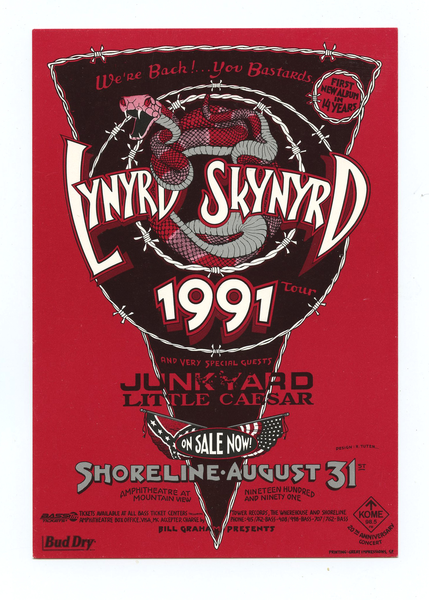 Lynyrd Skynyrd 1991 Tour Handbill Shoreline Amphitheatre Randy Tuten