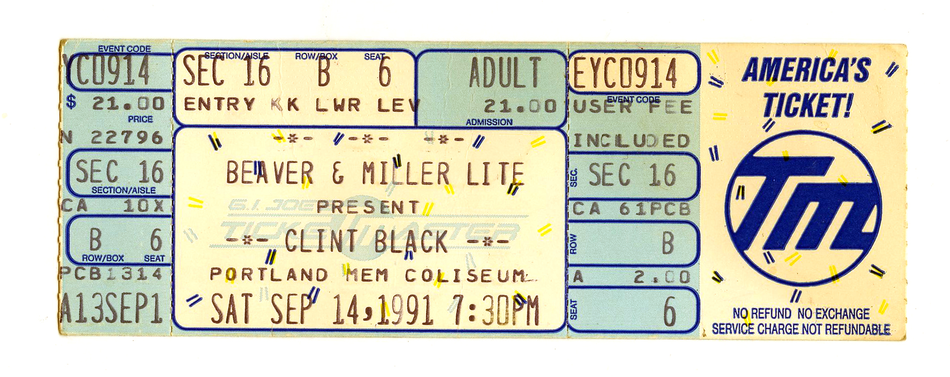 Clint Black Vintage Ticket 1991 Sep 14 Portland Memorial Coliseum 