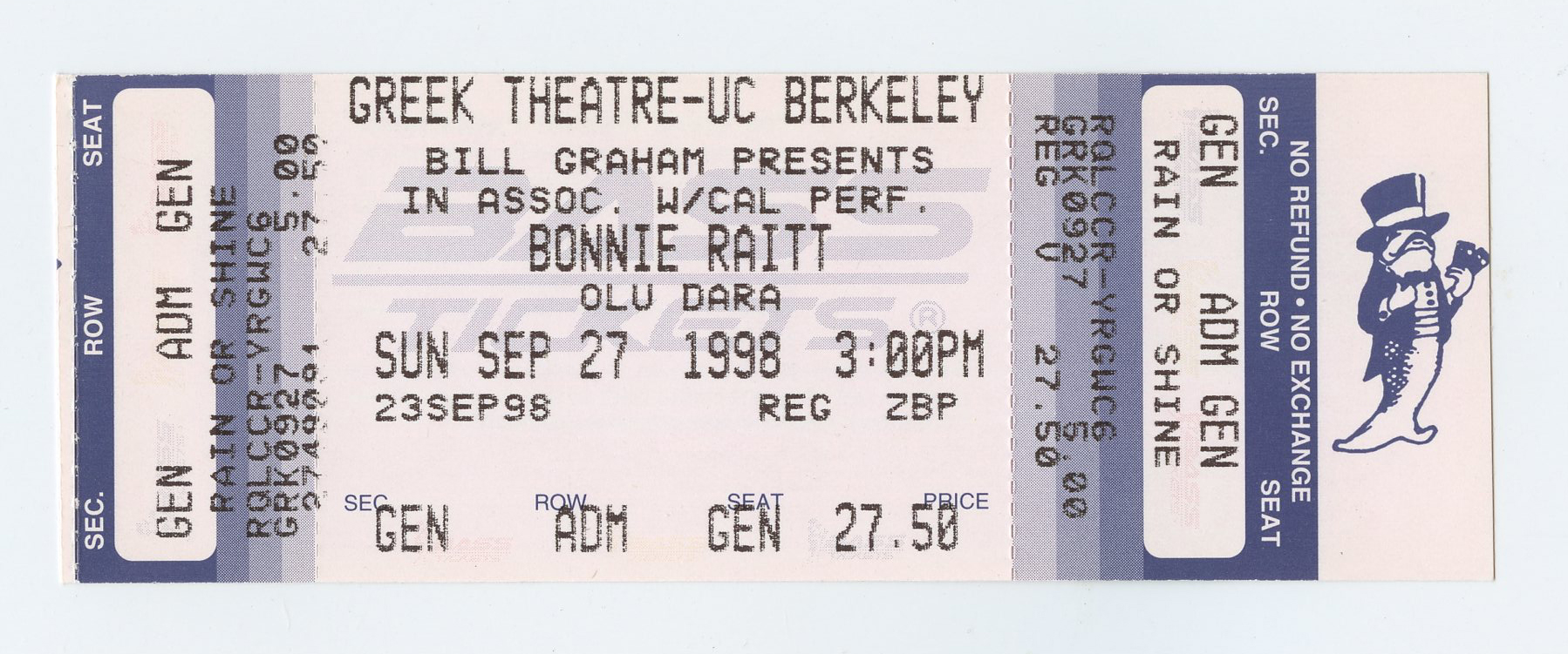 Bonnie Raitt Vintage Ticket 1998 Sep 27 Greek Theatre Berkeley 